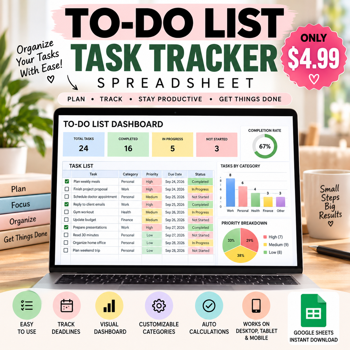 To Do List Task Tracker Spreadsheet | Daily Weekly Planner | Task Management Template | Productivity Planner | Google Sheets Excel