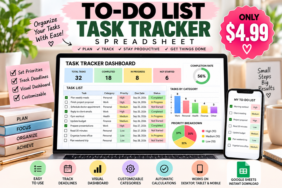 To Do List Task Tracker Spreadsheet | Daily Weekly Planner | Task Management Template | Productivity Planner | Google Sheets Excel