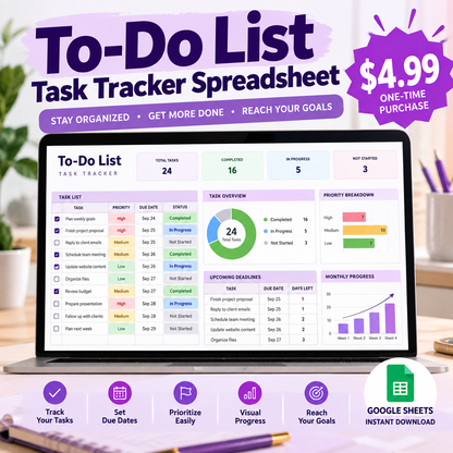 To Do List Task Tracker Spreadsheet | Daily Weekly Planner | Task Management Template | Productivity Planner | Google Sheets Excel