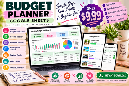 Budget Planner Google Sheets | Monthly Budget Spreadsheet | Expense Tracker | Savings Goal Planner | Personal Finance Template