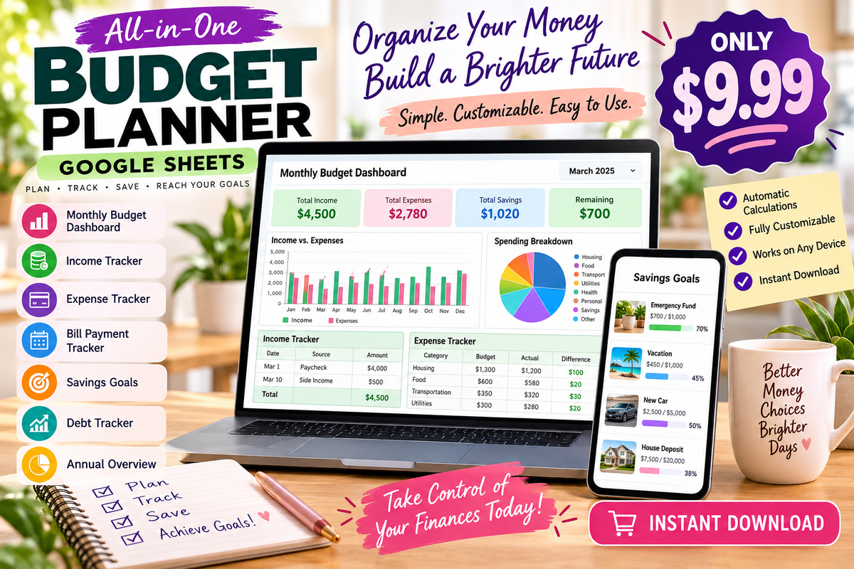 Budget Planner Google Sheets | Monthly Budget Spreadsheet | Expense Tracker | Savings Goal Planner | Personal Finance Template