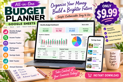 Budget Planner Google Sheets | Monthly Budget Spreadsheet | Expense Tracker | Savings Goal Planner | Personal Finance Template