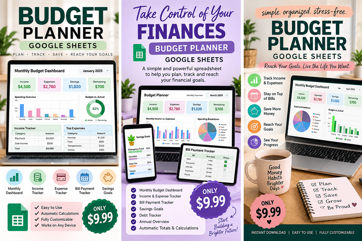 Budget Planner Google Sheets | Monthly Budget Spreadsheet | Expense Tracker | Savings Goal Planner | Personal Finance Template