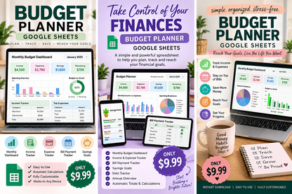 Budget Planner Google Sheets | Monthly Budget Spreadsheet | Expense Tracker | Savings Goal Planner | Personal Finance Template