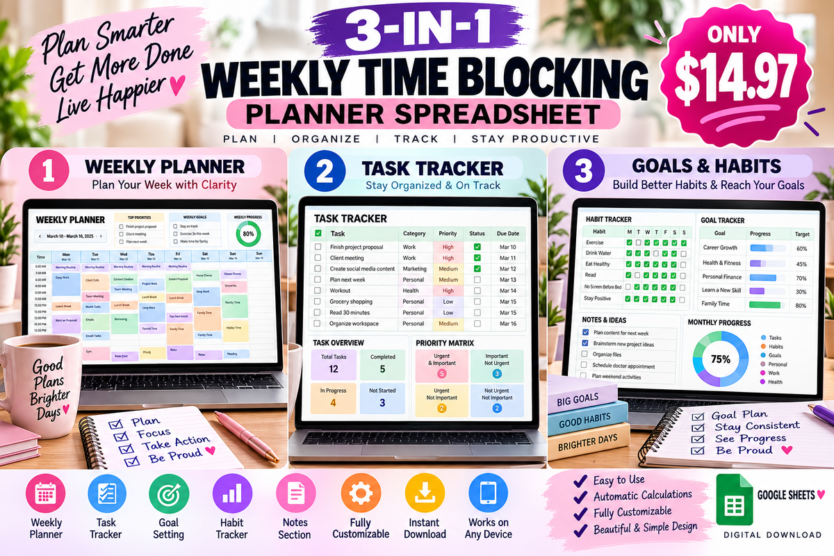 Weekly Time Blocking Planner Spreadsheet | Digital Weekly Planner | Time Management Template | Productivity Planner | Schedule Organizer