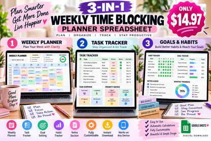 Weekly Time Blocking Planner Spreadsheet | Digital Weekly Planner | Time Management Template | Productivity Planner | Schedule Organizer