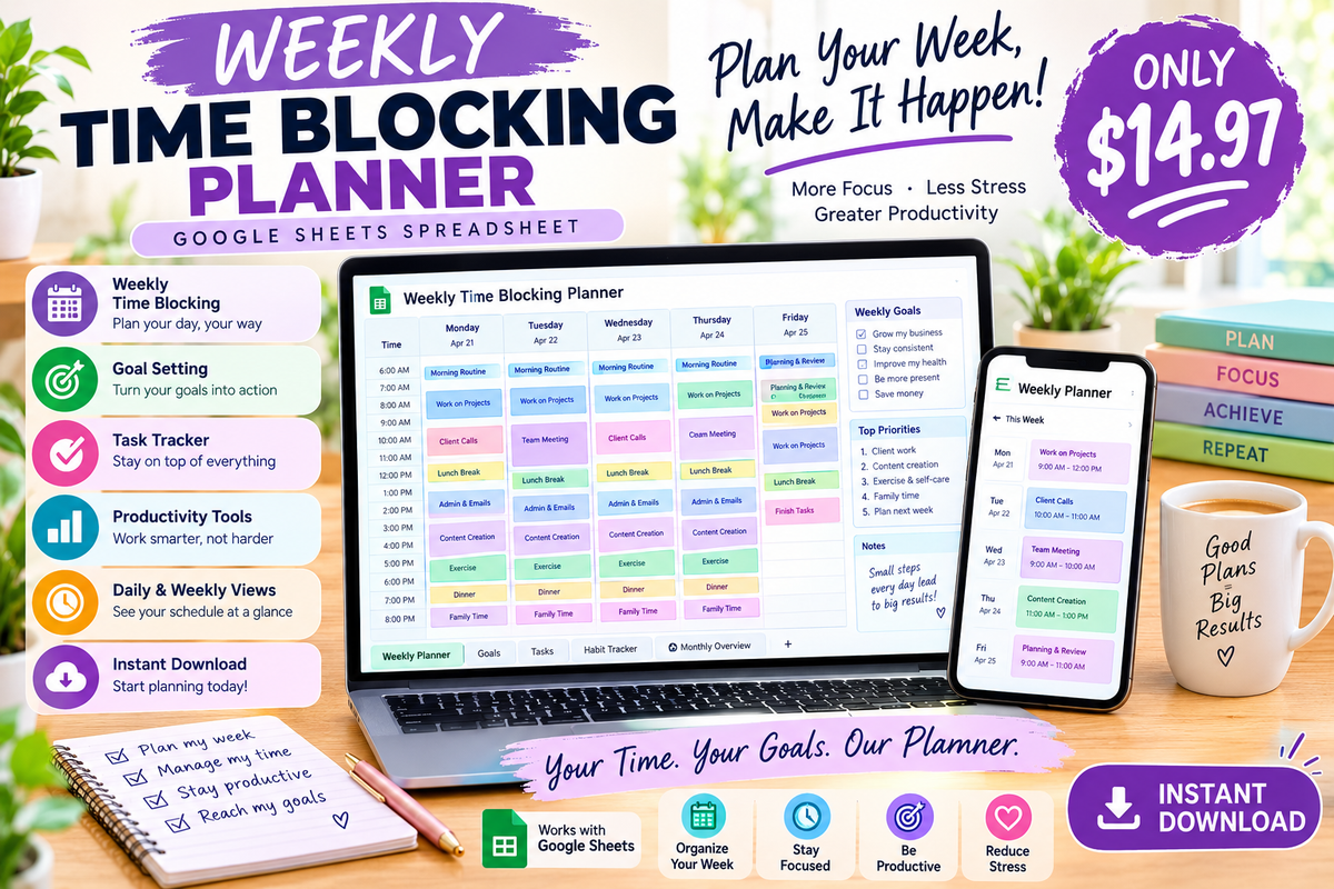 Weekly Time Blocking Planner Spreadsheet | Digital Weekly Planner | Time Management Template | Productivity Planner | Schedule Organizer