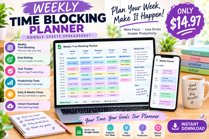 Weekly Time Blocking Planner Spreadsheet | Digital Weekly Planner | Time Management Template | Productivity Planner | Schedule Organizer