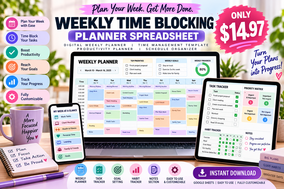 Weekly Time Blocking Planner Spreadsheet | Digital Weekly Planner | Time Management Template | Productivity Planner | Schedule Organizer