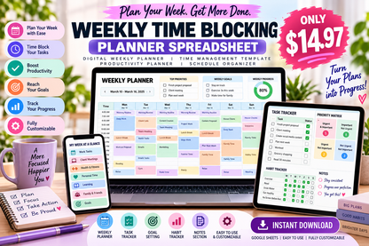 Weekly Time Blocking Planner Spreadsheet | Digital Weekly Planner | Time Management Template | Productivity Planner | Schedule Organizer