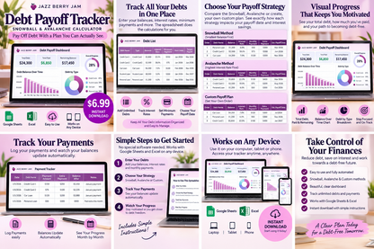 Debt Payoff Tracker Spreadsheet with dashboard, debt list, payment tracker and payoff plans