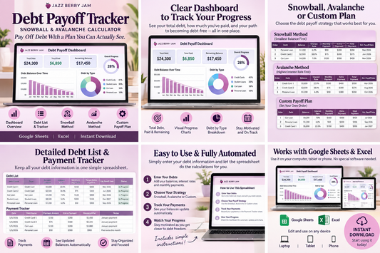 Jazz Berry Jam Debt Payoff Tracker spreadsheet with Snowball, Avalanche, custom payoff plan, dashboard and payment tracker