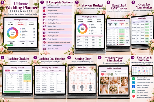 Ultimate Wedding Planner Spreadsheet with 14 complete planning sections