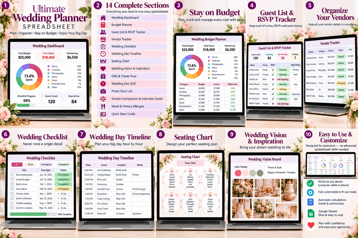 Wedding Planner Spreadsheet 14 sections overview