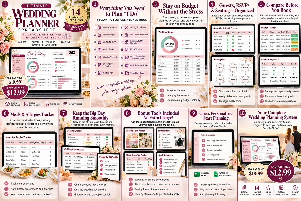 Wedding Planner Spreadsheet complete planning bundle