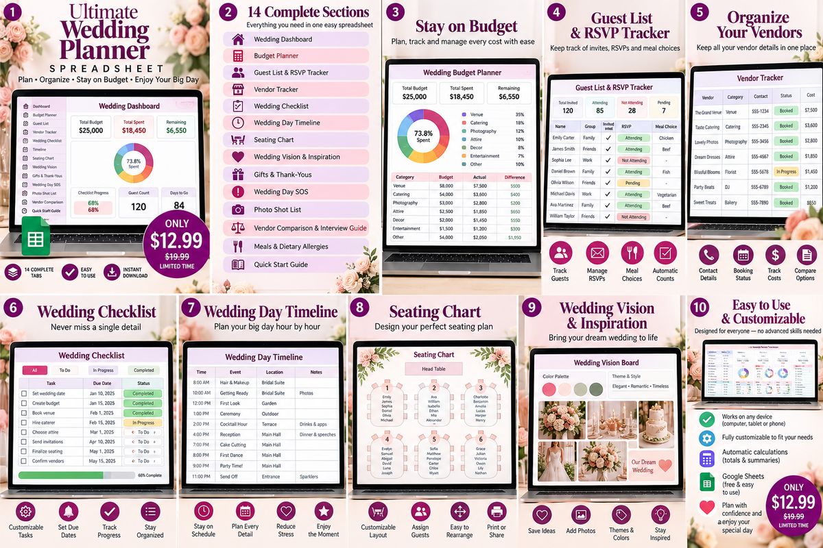 Wedding Planner Spreadsheet feature collage
