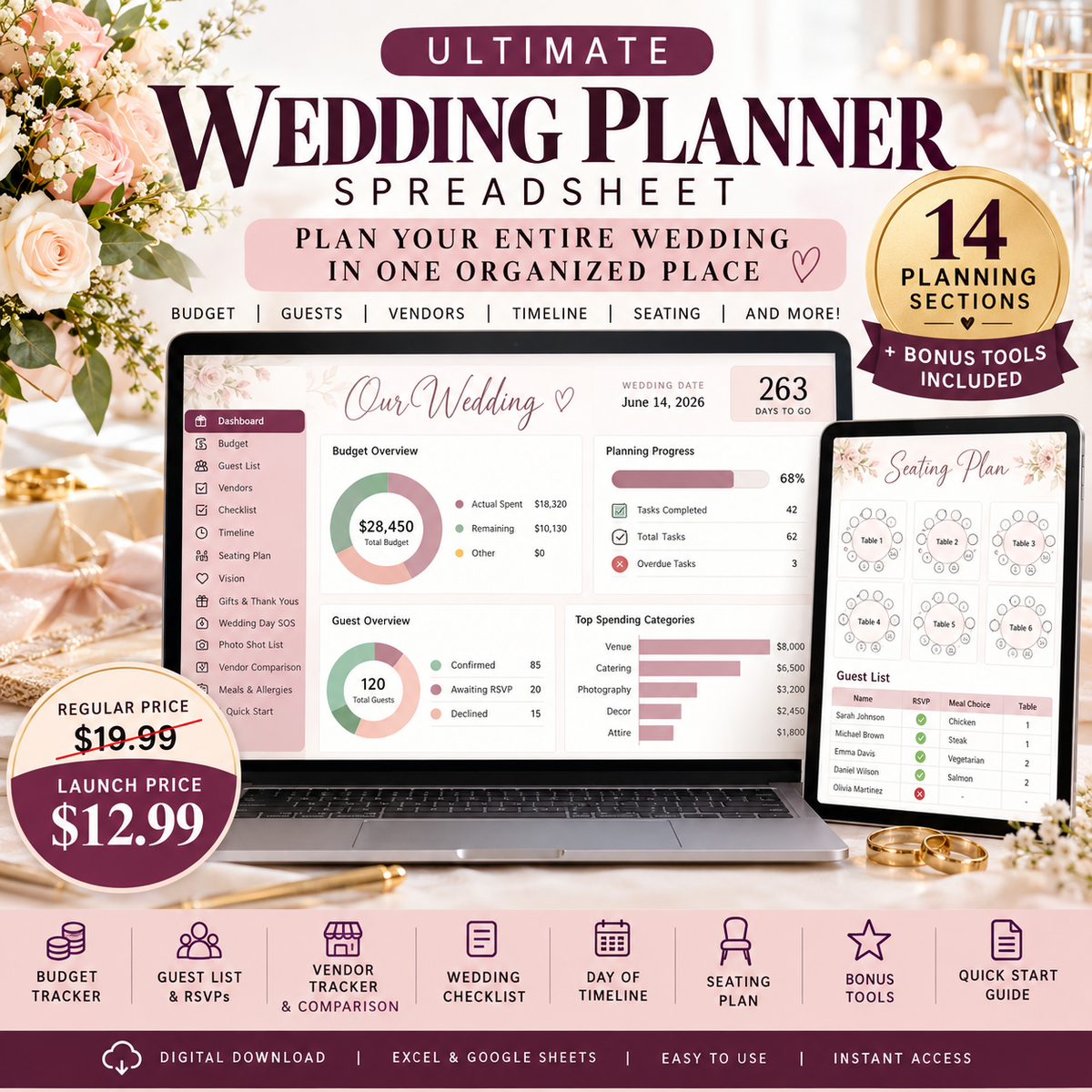 Ultimate Wedding Planner Spreadsheet dashboard and planning system